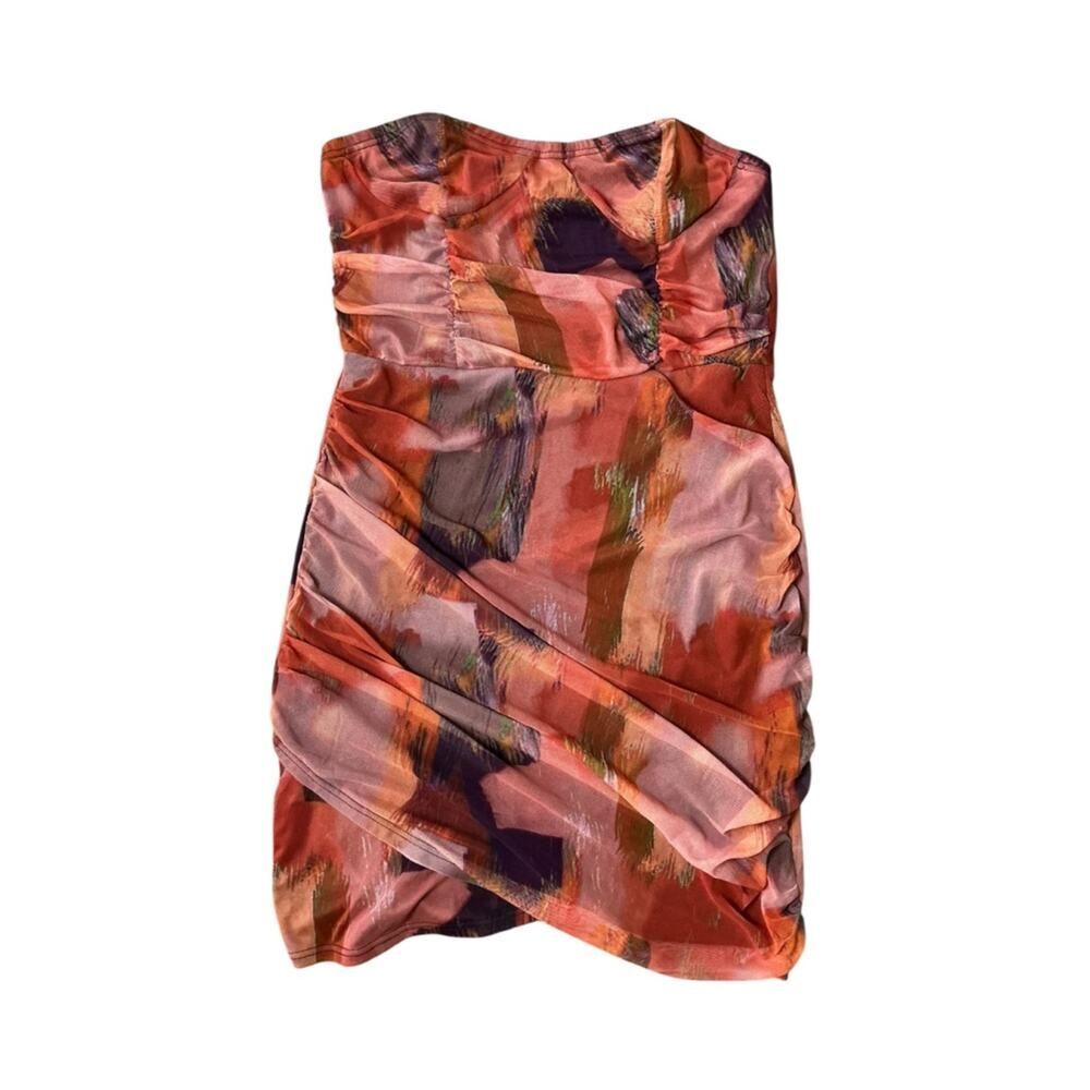 PrettyLittleThing Mesh Ruched Mini Dress Abstract Print NWT Size 12